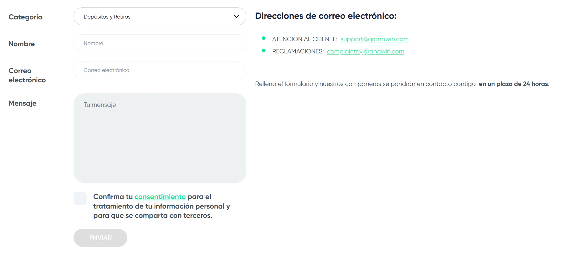 Atención al cliente en granawin